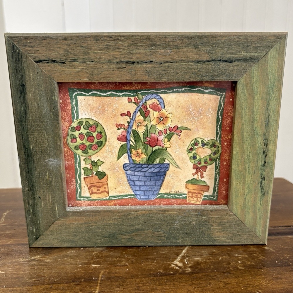 Sue Zipkin Framed Folk Art Hanging Floral Strawberries Chunky Wood Garden